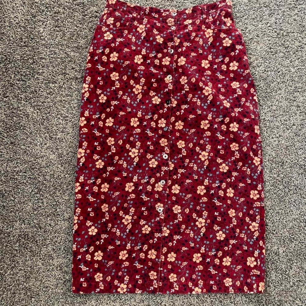 Vintage Corduroy Red Midi Floral Skirt Cottagecore Spring Whimseygoth‎